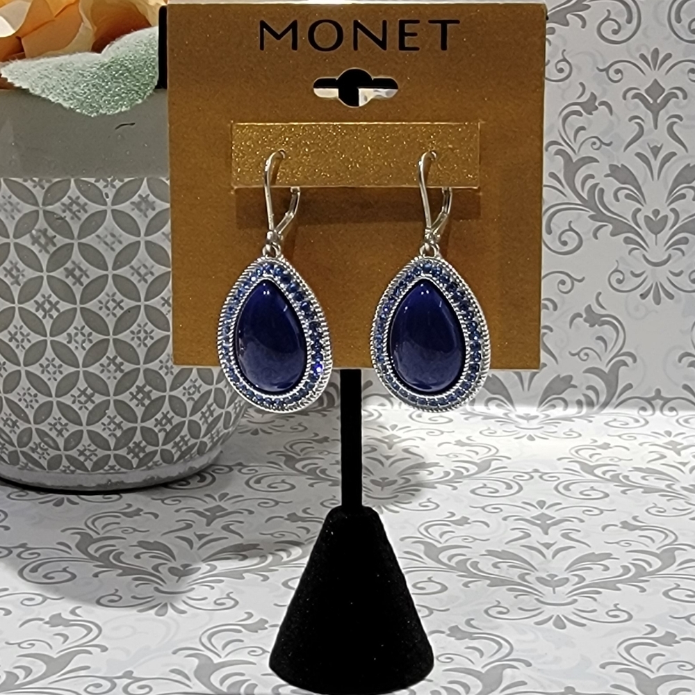 Monet Blue Rhinestones Teardrop Earrings